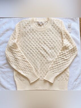 LOFT Cream/Ivory Pointelle Open Knit Sweater Size XL